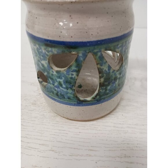 Vintage Studio Pottery Candle Holder Stoneware Blue Splatter Flower Petal Design - Picture 2 of 10